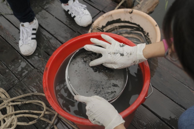 研究底栖动物的同学在进行底泥的清洗